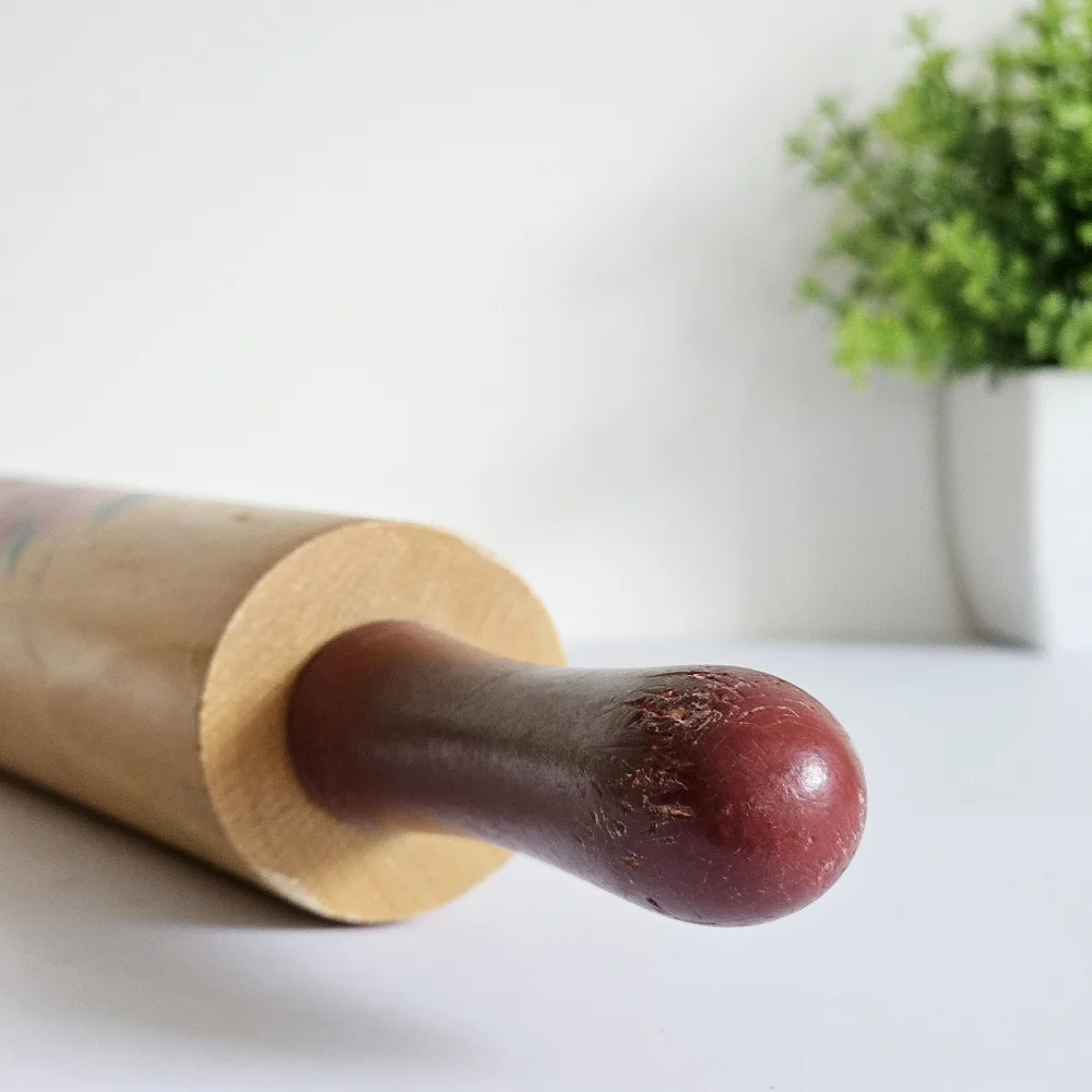 Vintage Decorative Wooden Rolling Pin with Red Apple Rustic Farmhouse Design